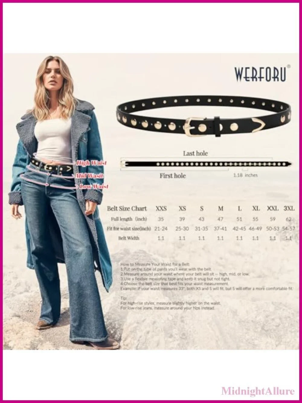 WERFORU Women's PU Leather Studded Belt with Gold Buckle